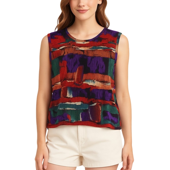 PLISSE Womens XL Multicolor Abstract Sleeveless Top Retro 90s Y2K Wearable Art - Picture 1 of 12